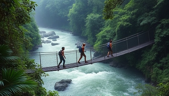 An expedition scene featuring adventurers trekking through a dense jungle, crossing a suspension bridge over a roaring river, with lush greenery and exotic wildlife in the background, capturing the spirit of adventure and exploration offered by BeyondHorizon Expeditions.