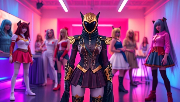 An immersive virtual cosplay studio environment with customizable character options, elaborate costumes and accessories, vibrant backgrounds, and interactive tools for users to design and showcase their digital cosplay creations, capturing the essence of creativity and self-expression in the virtual world.
