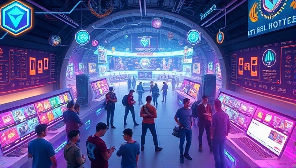 An immersive digital world showcasing a bustling marketplace filled with virtual assets and collectibles being traded between gamers, with blockchain symbols and security features integrated into the environment, highlighting the transparency and efficiency of the trading platform.