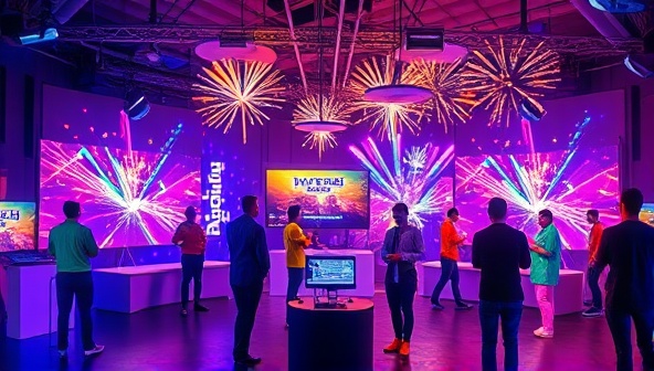 An artistic digital collage showcasing a virtual event setup with colorful avatars interacting in a 3D virtual space, with digital fireworks and dynamic visuals, illustrating the vibrant and immersive nature of VirtualVibe Events.