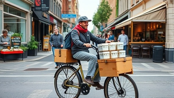 An urban street scene with a sustainable food delivery courier on an electric cargo bike, carrying eco-friendly meal packages and insulated containers, making a delivery to a customer's doorstep, with bustling cafes and local eateries in the background, illustrating the convenience and eco-consciousness of the service.