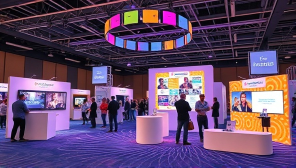 A dynamic virtual event setup with interactive features, virtual booths, and engaging activities, creating a vibrant and immersive online event experience for attendees, highlighting innovation and connectivity.