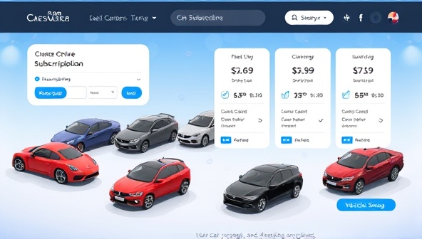 A captivating digital illustration showcasing a virtual car subscription service interface with a diverse fleet of vehicles, subscription plan options, insurance coverage details, and vehicle swap functionalities, highlighting the flexibility and convenience of the online car ownership experience offered by the platform.