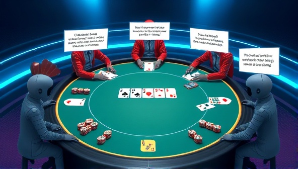 An illustration of a virtual poker table with digital cards and chips, surrounded by AI-powered avatars providing coaching tips and strategy suggestions to players, showcasing the innovative blend of technology and poker gameplay.