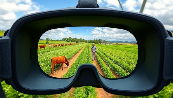 An engaging VR headset displaying a panoramic view of a lush farm landscape with grazing animals, blooming crops, and a farmer tending to the fields, inviting users to embark on a virtual journey through the wonders of agriculture and rural life.