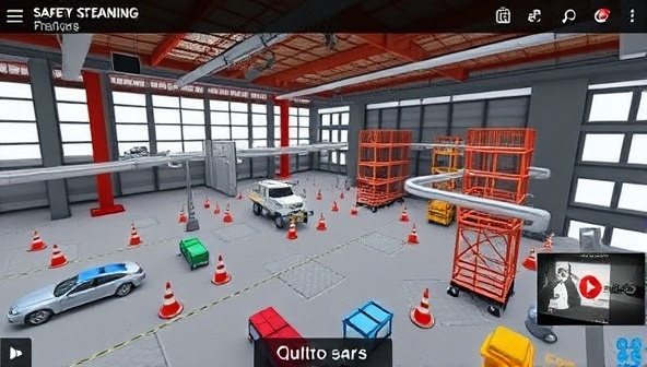 An engaging training module interface displaying a virtual construction site with interactive safety scenarios, quizzes, and instructional videos, showcasing the platform's immersive and informative safety training experience for construction professionals.