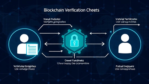 An innovative blockchain verification process illustration showcasing a secure and transparent data transfer between candidates, verifying authorities, and potential employers, emphasizing the platform's trustworthiness and efficiency in background verification checks.