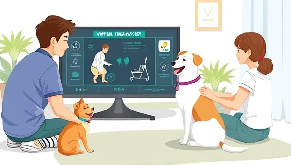 An engaging digital illustration of a pet joyfully following a rehabilitation exercise routine guided by a virtual therapist on a screen, surrounded by supportive pet owners, showcasing the convenience and effectiveness of virtual pet rehabilitation therapy.