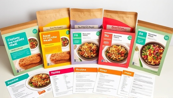 A selection of customized meal kits arranged in a colorful display, alongside recipe cards and dietary information, conveying the personalization and convenience of the subscription service for individuals with dietary restrictions.