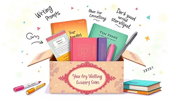 An artistic depiction of a beautifully designed subscription box overflowing with colorful writing prompts, notebooks, pens, and inspiring quotes, inviting subscribers to explore their creativity and storytelling potential.