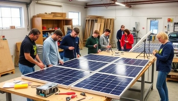 A workshop setting with participants engaging in hands-on activities like assembling solar panels and wind turbines, surrounded by tools and equipment, illustrating a practical and educational environment focused on renewable energy.