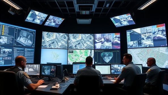 A high-tech command center with monitors displaying real-time crime data, emergency response maps, and surveillance footage, with law enforcement officials and tech experts monitoring the screens and coordinating response efforts, illustrating cutting-edge public safety technology in action.