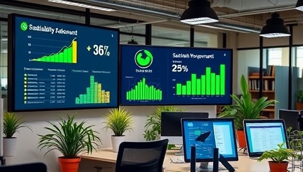 An office setting with digital screens displaying sustainability metrics, plant decorations, and eco-friendly accounting tools, symbolizing a blend of technology and nature in accounting practices.