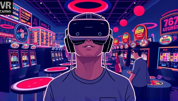An illustration showcasing a person wearing a VR headset, surrounded by virtual casino tables, slot machines, and other players, capturing the futuristic and engaging nature of the VR Casino Oasis.