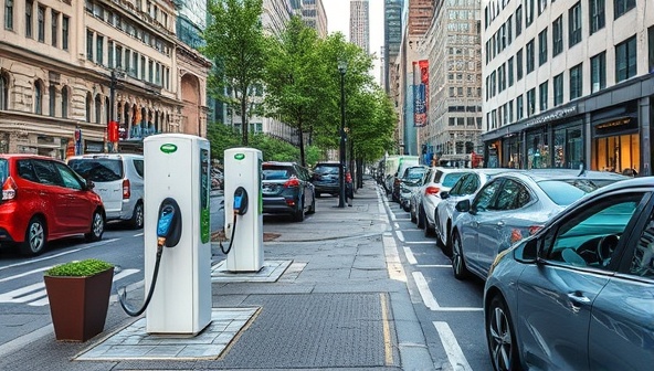 An urban landscape with sleek, modern EV charging stations integrated into bustling city streets, with electric vehicles parked nearby, symbolizing a sustainable and tech-forward transportation ecosystem.