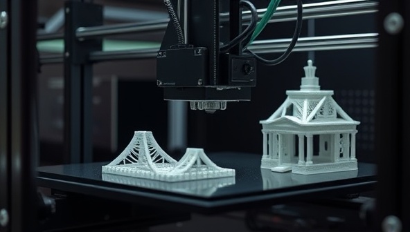 An image of a cutting-edge 3D printer in action, creating intricate architectural components with precision and detail, demonstrating the advanced manufacturing capabilities and design possibilities of 3D printing technology in architecture.