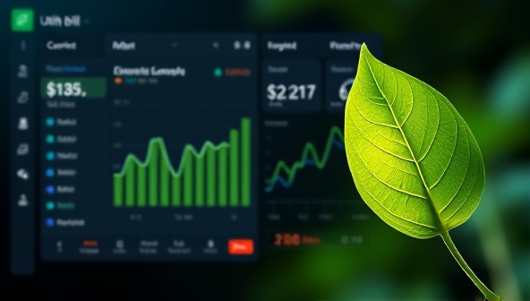A sleek and modern digital interface displaying utility bills, graphs showing energy consumption trends, and a green leaf symbolizing eco-friendliness, creating a visually appealing and sustainable impression.