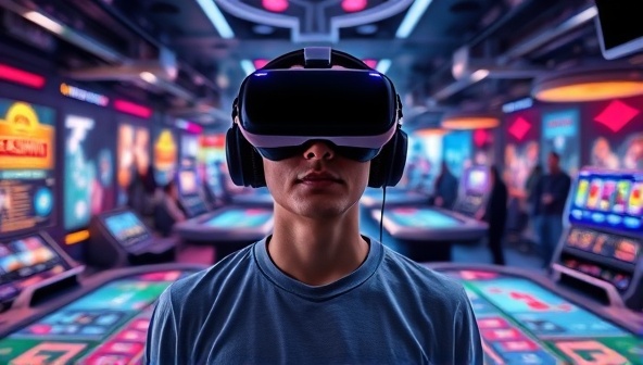 A futuristic scene with a person wearing a VR headset, surrounded by digital casino tables and vibrant virtual reality graphics, illustrating the immersive and exciting VR betting experience.