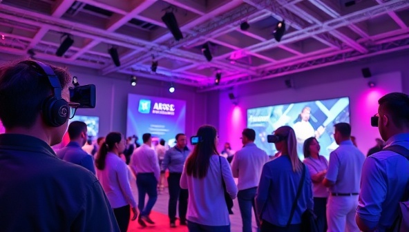 An immersive virtual event space with attendees represented as avatars interacting in a vibrant digital environment, showcasing the platform's engaging and interactive features.