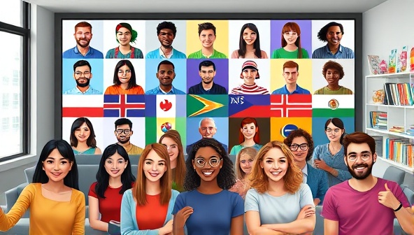 A vibrant virtual meeting room with diverse avatars representing different cultures and languages, engaging in lively language exchange activities and cultural discussions, showcasing a global and interactive learning environment.