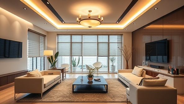An elegantly designed living room showcasing smart home devices like voice-controlled lighting, automated blinds, and a smart thermostat, creating a futuristic and comfortable ambiance.