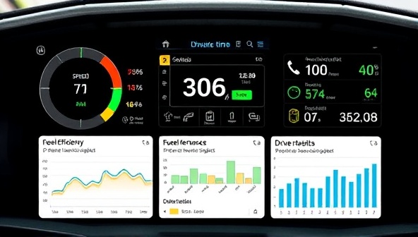 A dashboard display showing real-time vehicle performance data like speed, fuel efficiency, and maintenance alerts, with digital graphs and charts illustrating driving habits and suggestions for optimizing performance, highlighting the data analysis and insights provided by the DriveMetrics subscription service.