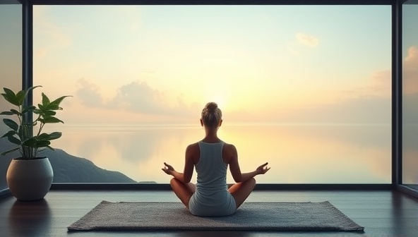 An online meditation session featuring soothing visuals, calming music, and a virtual instructor guiding participants through relaxation techniques, creating a serene and peaceful atmosphere for mental rejuvenation.