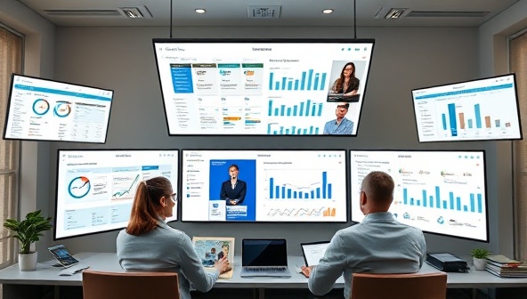 A virtual digital marketing strategy session with a marketing consultant and a client discussing online campaigns, social media ads, and content calendars on multiple screens, surrounded by digital marketing reports and creative assets, illustrating a dynamic and data-driven approach to marketing.