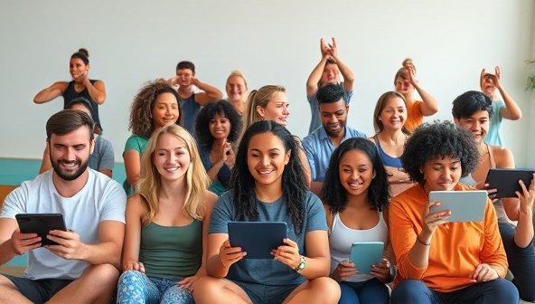 A diverse group of people engaging in a virtual fitness class on different devices, showcasing the inclusivity and accessibility of FlexFit Cloud's platform.