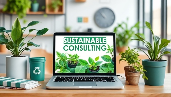 An eco-friendly workspace showcasing sustainable consulting services with a laptop displaying green initiatives, recycling bins, and plant-based office decor, promoting a commitment to environmental stewardship and sustainability in a virtual setting.