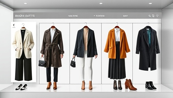 A sleek and modern digital interface displaying a virtual wardrobe with mix-and-match outfit options, accompanied by stylish accessories, all within a user-friendly virtual styling platform, exuding fashion-forward sophistication.