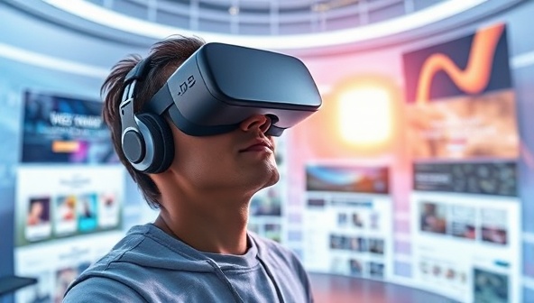 An engaging visual representation of a user wearing a VR headset and exploring a futuristic virtual environment showcasing different website designs, highlighting the immersive and interactive nature of VR WebXhibit.