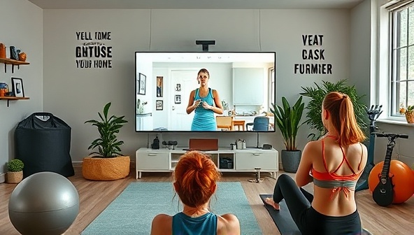 A virtual fitness session scene showing a trainer conducting a workout class through a video call, with participants following along from home, surrounded by fitness equipment and motivational quotes, creating an energetic and engaging workout environment in a virtual setting.