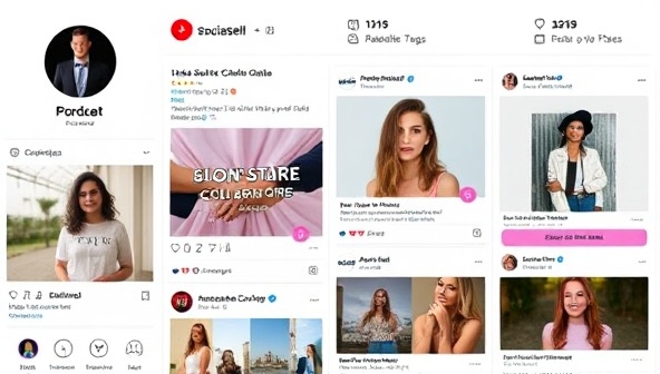 An engaging social media feed mockup featuring product posts, influencer collaborations, and interactive shopping tags, illustrating the seamless integration of social commerce strategies recommended by SociaSell for e-commerce brands.