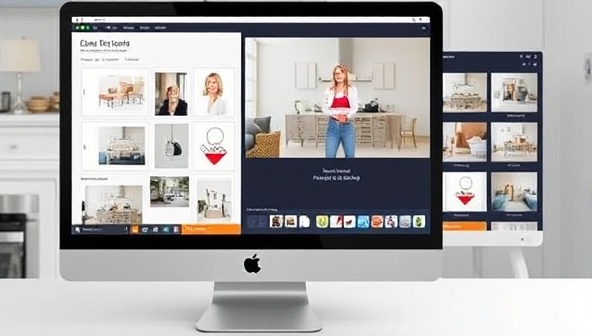 An interactive online platform showcasing a virtual interior design consultation session between a designer and a homeowner, with mood boards, sample designs, and furniture options displayed on a computer screen, creating a visually engaging and personalized experience.