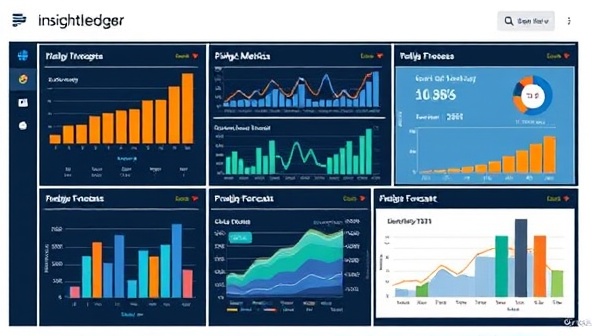 A dynamic data visualization dashboard from InsightLedger Analytics displaying financial metrics, trend analysis charts, and predictive forecasts, illustrating the power of data analytics in driving informed decision-making and business growth for small enterprises.