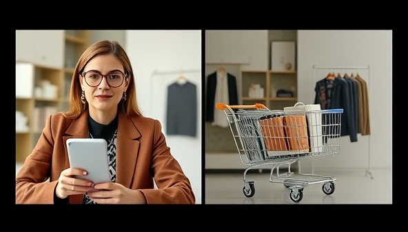A split-screen image showing a stylish virtual shopper on one side assisting a client via video call, while the other side displays a virtual shopping cart with curated fashion items, blending technology with personalized service.