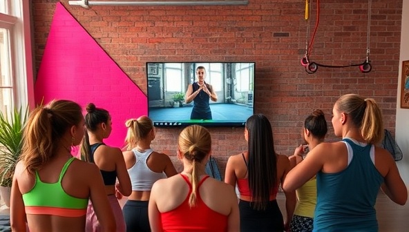 An energetic virtual workout session with a diverse group of participants following a trainer's lead on screen, surrounded by fitness equipment and motivational quotes, highlighting the dynamic and supportive atmosphere of FitBuddy Virtual.