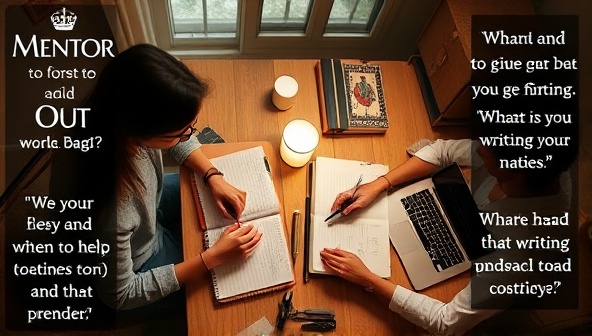 An inspirational image of a mentor and mentee engaged in a writing session, with open notebooks, pens, and a laptop on a cozy desk setup, surrounded by motivational quotes and writing prompts, conveying a sense of guidance and creativity in a mentorship setting.