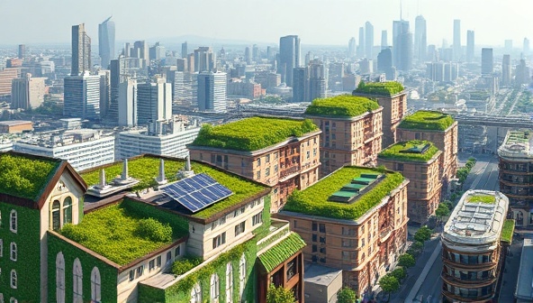 A futuristic cityscape rendering featuring green rooftops, solar panels, and efficient public transportation systems, illustrating a harmonious blend of nature and urban development.