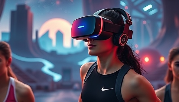 An immersive virtual reality world with a user wearing a VR headset, engaging in a dynamic and visually stunning fitness adventure, surrounded by futuristic landscapes and fitness challenges that blend reality and virtual elements.