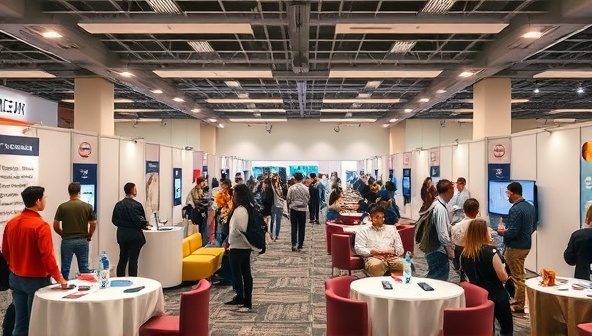 A virtual career fair setup with interactive booths, networking lounges, and seminar rooms, where participants engage with industry professionals and mentors, symbolizing the dynamic and supportive environment of CareerLeap Online's bootcamp.