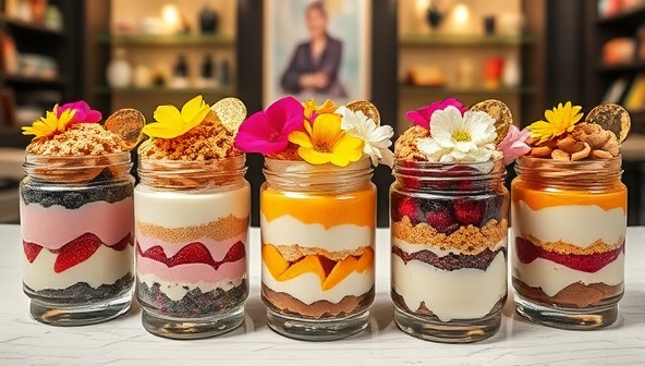 An elegant display of dessert jars in a boutique setting, featuring layers of colorful cake, rich cream, fresh fruits, and decadent toppings, garnished with edible flowers and gold foil accents, creating a visually stunning and irresistible dessert experience for customers.