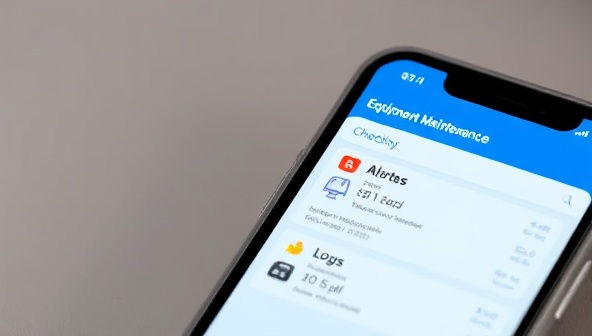 A mobile phone displaying the EquipCare app interface with equipment maintenance schedules, alerts, and logs, highlighting the convenience and efficiency of mobile maintenance tracking for mining companies.