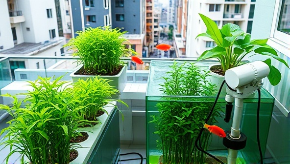An urban balcony transformed into a lush aquaponics garden, featuring vibrant green plants, colorful fish swimming in a tank, and a small, elegant water circulation system, illustrating a harmonious blend of nature and technology.