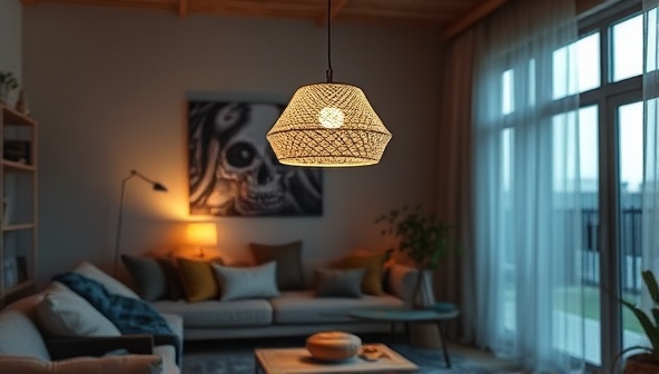 An aesthetically designed 3D-printed lampshade casting a warm, eco-friendly glow in a modern living room setting, showcasing the fusion of technology and sustainability in home decor.