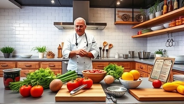 An artistic representation of a virtual kitchen setting with a professional chef guiding participants through a cooking class, showcasing fresh ingredients, cooking utensils, and digital recipe guides, capturing the essence of KitchenQuest Virtual's culinary experiences.