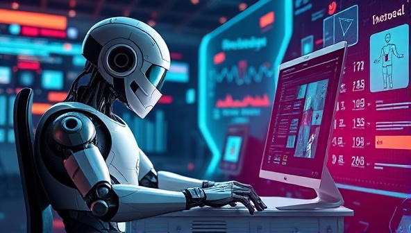 A visually striking image of a futuristic robot working on a computer, surrounded by digital wireframes and colorful design elements, symbolizing the fusion of technology and creativity in web design.