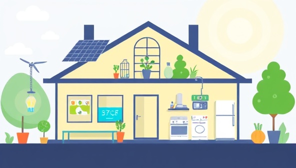 An illustration of a modern home with smart devices, solar panels, and energy-efficient appliances controlled by the EcoWise Tech app, showcasing a sustainable and tech-savvy living environment.