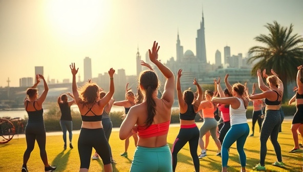 A vibrant outdoor setting with a group of people exercising in a pop-up class under the sun, surrounded by nature or iconic city landmarks, showcasing community, energy, and a sense of adventure in fitness exploration.